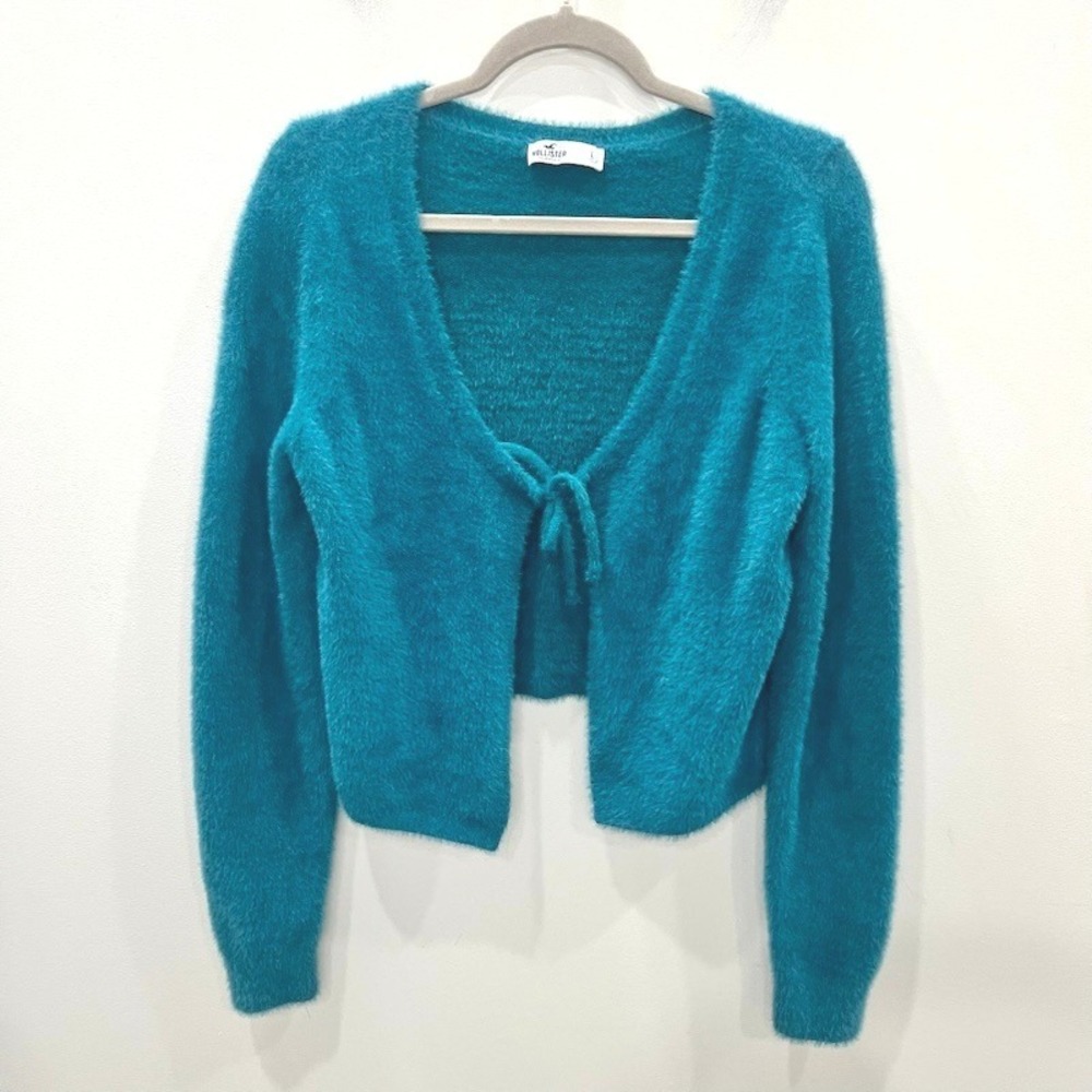 Hollister Womens Teal Blue Fuzzy Eyelash Knit Cropped Tie Front Cardigan Large